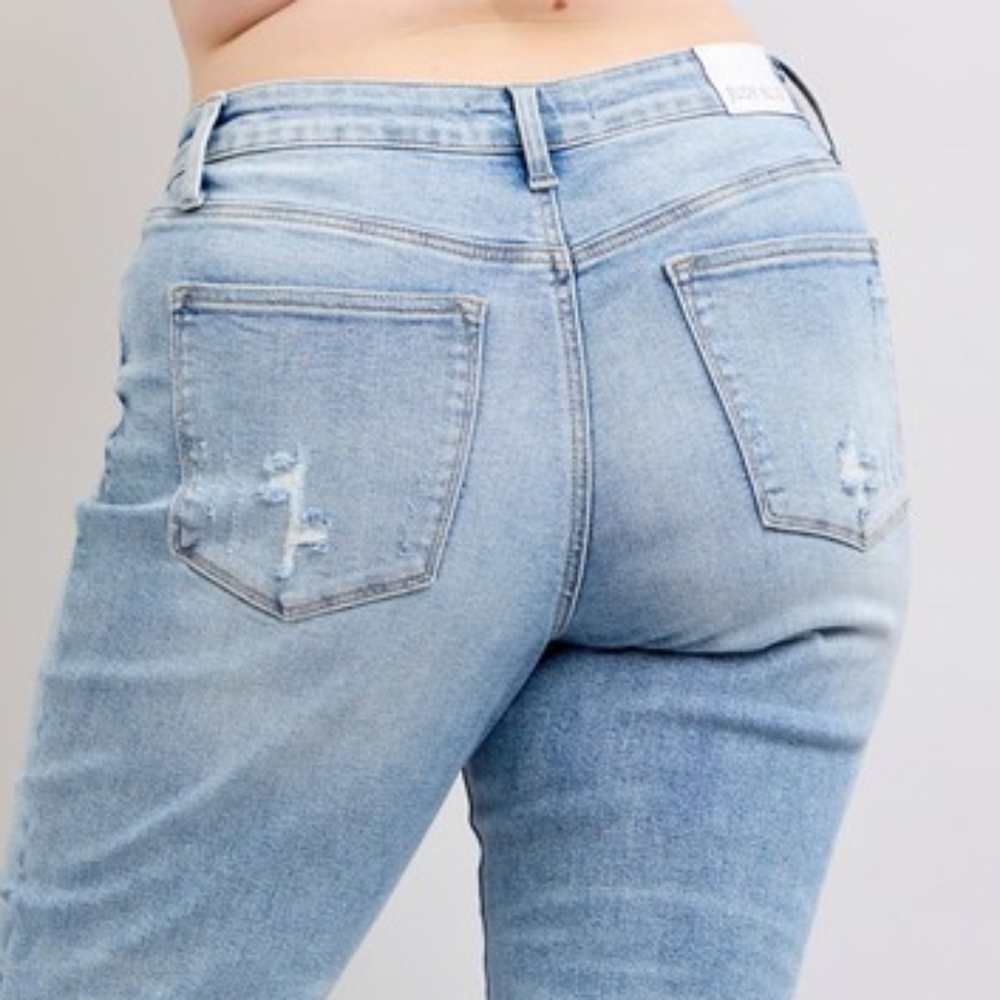 Judy Blue Mid-Rise Relax Dad Straight Leg Distressed Jeans Raw Hem Denim Pants - Picture 8 of 16